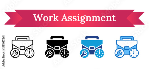 Work Assignment Multi Style Icon - Briefcase with wrench and clock symbolizes assigned trainee tasks and time management