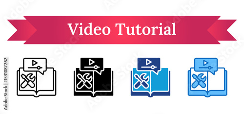 Video Tutorial Multi Style Icon - Open book with tools and video player, representing multimedia tutorials or interactive training for trainees