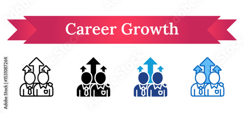 Career Growth Multi Style Icon - Two professional trainees with upward arrows showing skill advancement and promotion opportunities