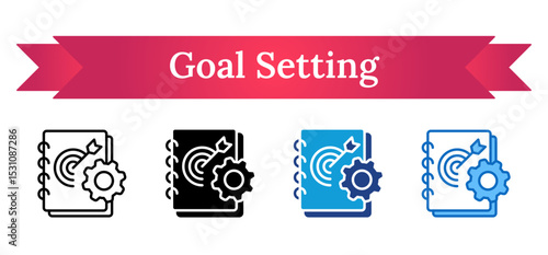 Goal Setting Multi Style Icon - Notebook with target and gear shows planning and setting skill development goals in trainee programs
