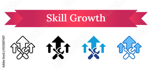 Skill Growth Multi Style Icon - Wrench and arrows pointing up represent improving technical skills and career advancement for trainees