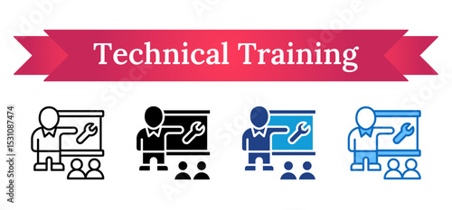 Technical Training Multi Style Icon - Instructor pointing at wrench with trainees shows skill-based technical learning session