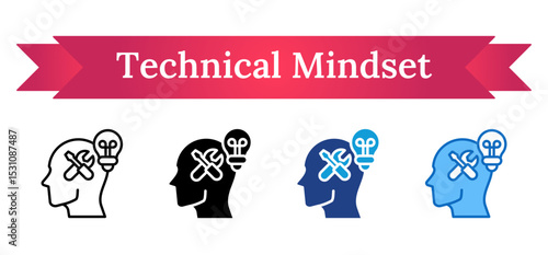 Technical Mindset Multi Style Icon - Head with wrench and bulb shows thinking process and innovation development during trainee learning
