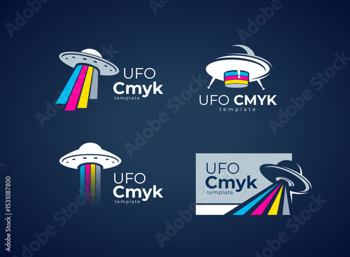 Set Logo CMYK print. UFO theme. Template design vector. Black background