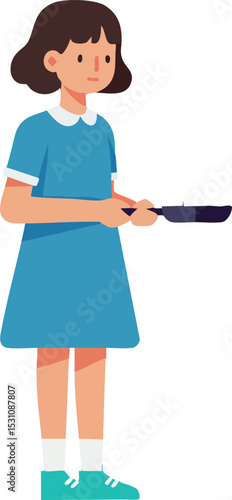 Girl Holding Frying Pan Wearing Blue Dress and Sneakers Vector Illustration 