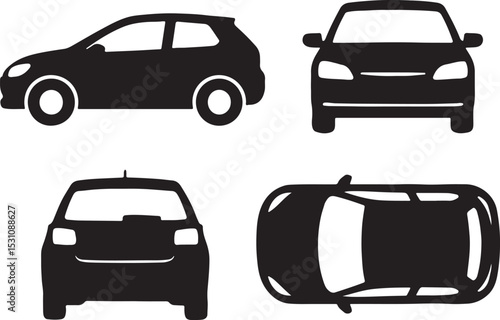 Car silhouette icons set side, front, back, and top views vector art illustration.