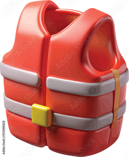 A red life vest with gray and yellow accents, designed for water safety and emergency situations