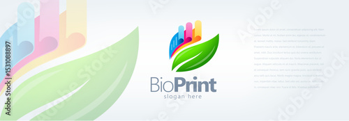 Bio Print Logo. Printing Ecology theme CMYK Color Papers and Green Leaf. Template design vector. White background