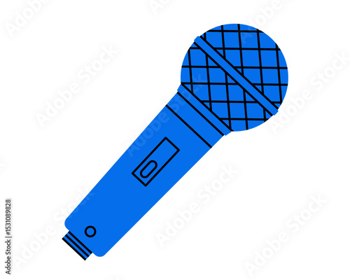 Hand drawn cute cartoon illustration of microphone. Flat vector sound recording  sticker doodle. Speech audio device icon or print. Podcast or interview studio equipment. Isolated.