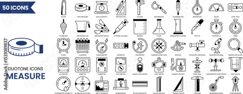 Measure icon set in duotone style. Containing measurement, scale, size, ruler, gauge, dimension, temperature and more. Vector illustration