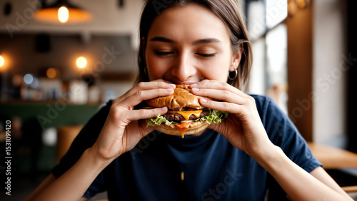 Close-up of a young woman eating a juicy cheeseburger in a cozy restaurant