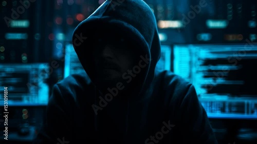 Hacker at Work in Dark Room with Screens
