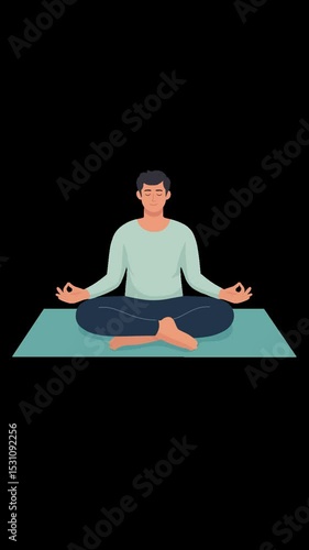 Animation of a man doing yoga in the lotus position on a mat. The animation is isolated on a transparent background with an alpha channel.