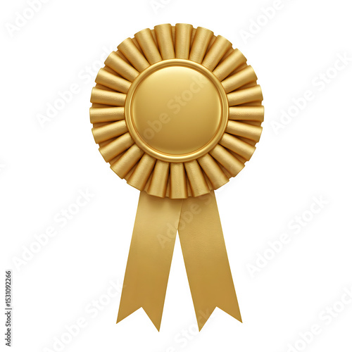 Gold prize rosette with textured pleated petals surrounding smooth center medallion and hanging ribbon streamers, isolated on white or transparent background. PNG
