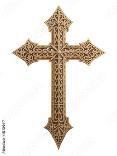 Ornate decorative gold cross religious symbol christian faith elegant on transparent background art