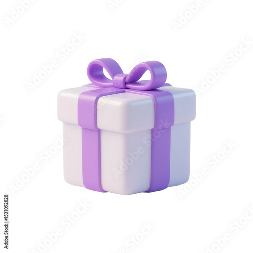 3D white gift box with purple ribbon