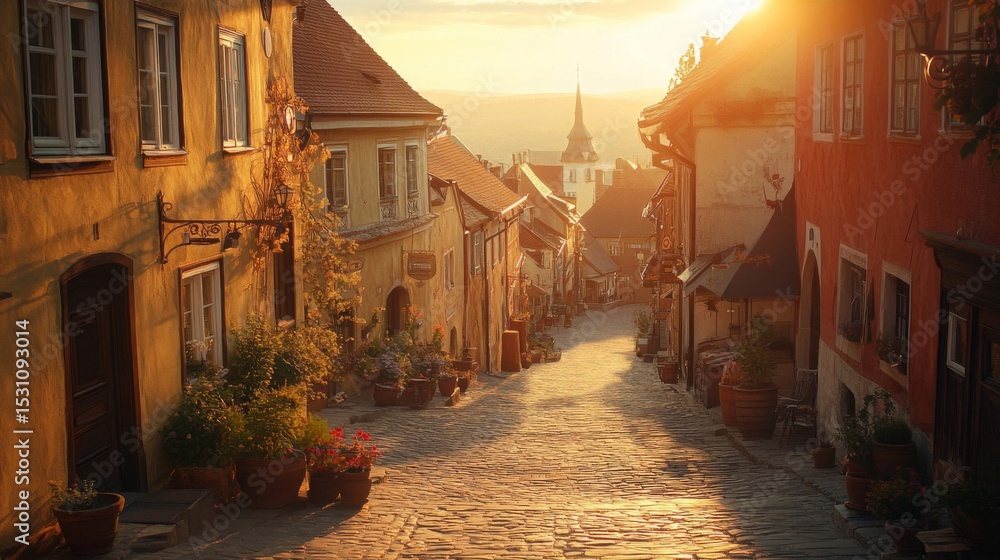 Fototapeta premium Picturesque European Town Street at Sunset with Golden Sunlight and Cobblestone