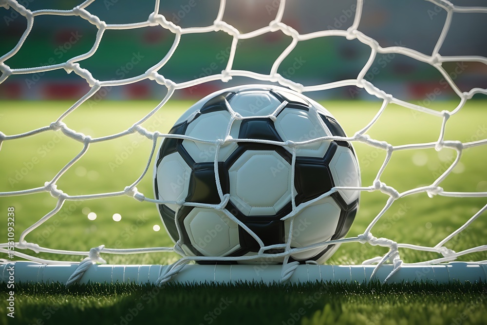 Naklejka premium Soccer ball in goal net on sunny field