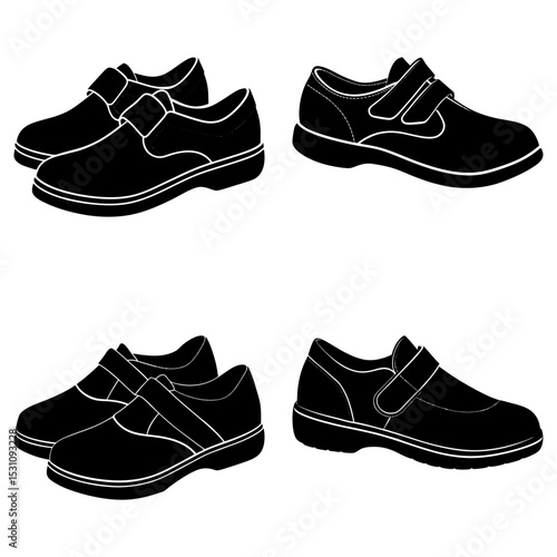 Illustration showing two pairs of black shoes with velcro straps in a simple graphic style design