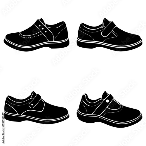 Four black and white illustrations of mary jane style shoes with straps and low heels in a grid layout