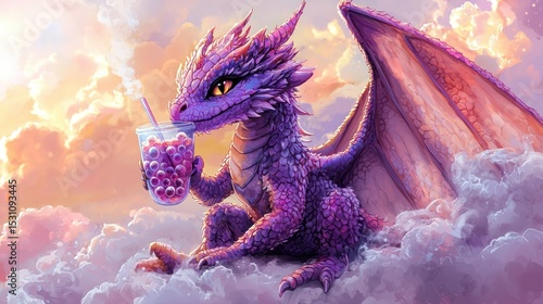 Cute purple dragon enjoys a bubble drink in the clouds