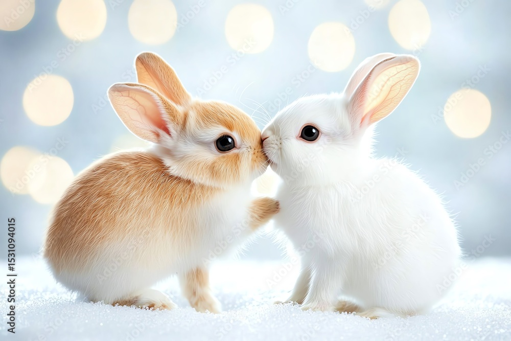 Fototapeta premium Two adorable rabbits share a sweet kiss in a snowy setting, creating a heartwarming winter scene.