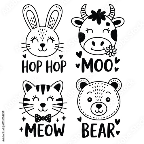 a 2x2 grid of adorable hand-drawn doodle animal portraits with sounds and decorative elements