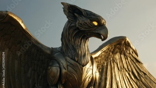 Detailed majestic bronze griffin sculpture outdoor daytime