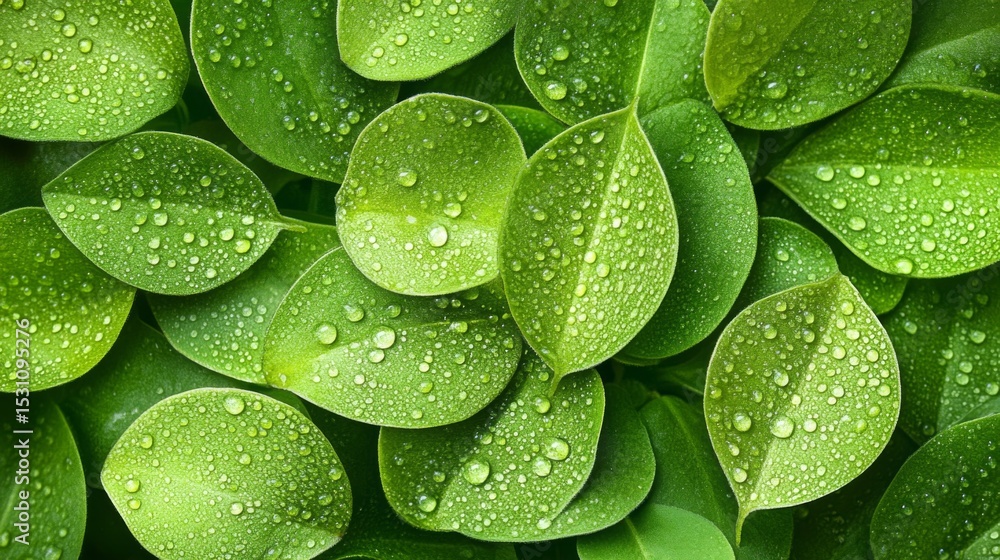 Obraz premium Vibrant Green Leaves Covered with Water Droplets in a Natural Background Texture