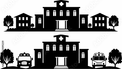Silhouetted hospital scene with ambulance and buildings featuring trees and a cross on the hospital roof | eps vectors