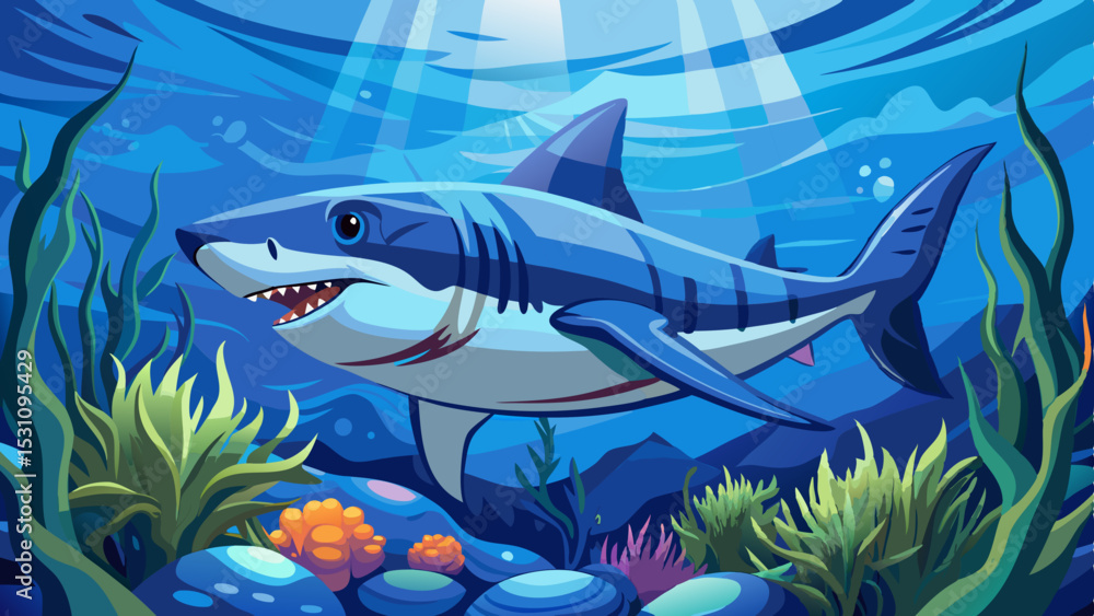 Fototapeta premium close up Great white swims deep blue ocean. Predator animal in action. Underwater sea wildlife. Stunning marine life, dangerous big fish in natural habitat. Marine life aquatic animal . Very beautiful