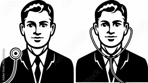 Two doctors in suits one with stethoscope on shoulder and one around neck black and white vector art | eps vectors silhouette