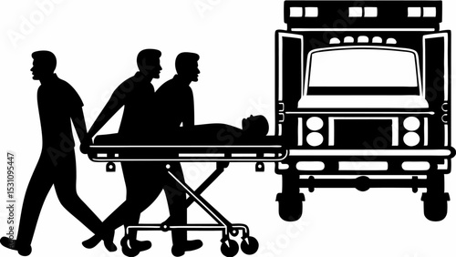 Three medics transport patient on gurney toward ambulance in black and white silhouette style design | eps vectors