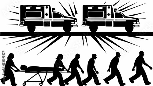 Silhouette illustration of ambulances and people pushing a stretcher with a patient on it | eps vectors