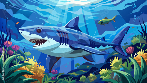 close up Great white swims deep blue ocean. Predator animal in action. Underwater sea wildlife. Stunning marine life, dangerous big fish in natural habitat. Marine life aquatic animal . Very beautiful