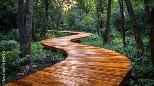Curved Wooden Path Through Lush Green Forest With Dense Trees And Natural Light