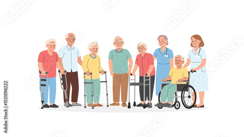 Elderly Care Illustration: Seniors with Nurses and Assistive Devices in a Group