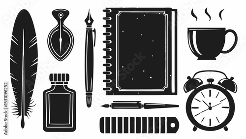 A collection of writing and timekeeping items including a feather pen inkwell and an alarm clock displayed | eps vectors silhouette