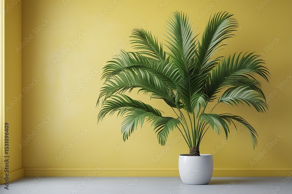 Large tropical palm plant in white pot against yellow wall Large tropical palm plant in white pot against yellow wall