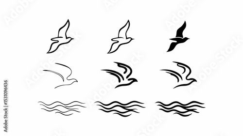 Silhouette drawings of birds in flight above wavy lines representing water in a minimalist style design | eps vectors