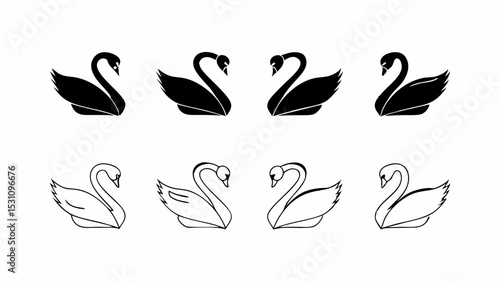 Eight swans arranged in two rows featuring both solid black and outline styles on a white background | eps vectors silhouette