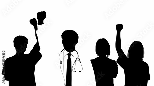 Silhouettes of people with raised fists and a doctor with a stethoscope in black and white style | eps vectors