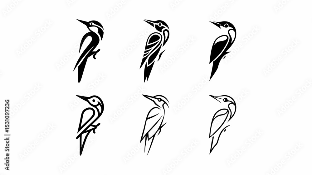 Collection of six stylized woodpecker illustrations in black and white with varying design styles | eps vectors silhouette Collection of six stylized woodpecker illustrations in black and white with varying design styles | eps vectors silhouette