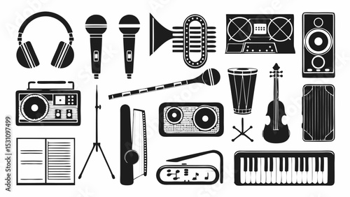 Illustration showcasing a variety of musical instruments and audio equipment in a monochrome style | eps vectors silhouette
