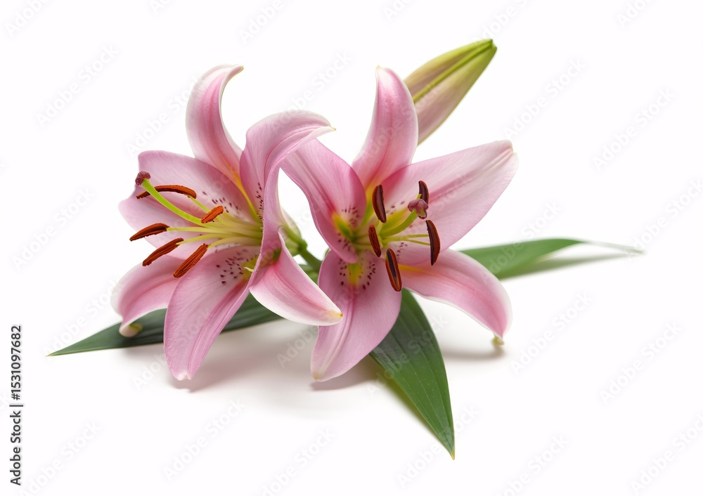 Two Delicate Pink Lilies with Green Leaves Isolated on White Background Two Delicate Pink Lilies with Green Leaves Isolated on White Background