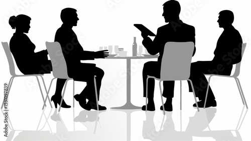 Silhouette of four people sitting around a table with drinks and a tablet in a business setting | eps vectors