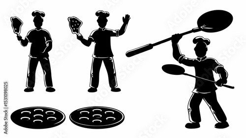 Illustration of three chefs in silhouette holding pizza peels and pizza trays on a white background scene | eps vectors