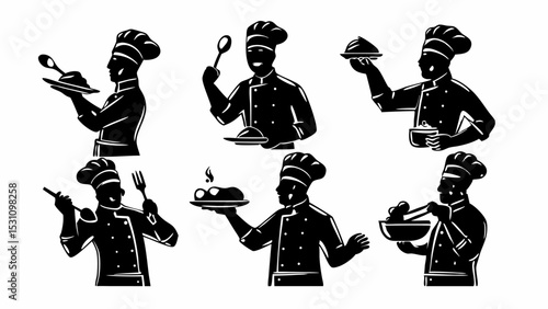 Collection of black and white chef illustrations in various poses holding food and cooking utensils design vector | eps vectors silhouette