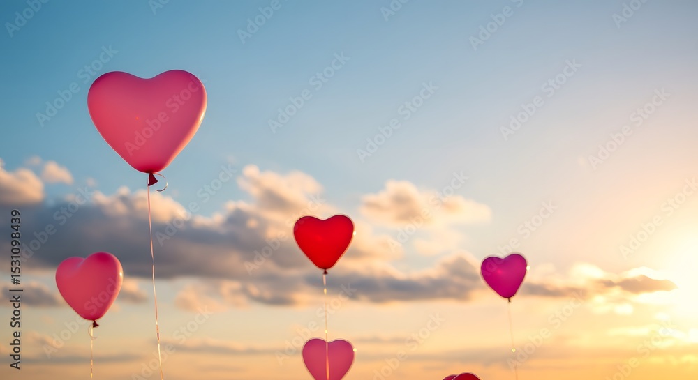 Heart-shaped balloons floating in the sky with soft clouds and warm light 3 Heart-shaped balloons floating in the sky with soft clouds and warm light 3