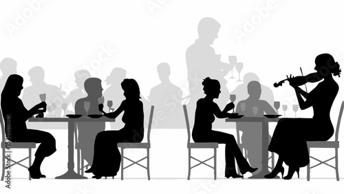 Silhouette of people dining and a violinist playing at a restaurant with a white background scene setting | eps vectors